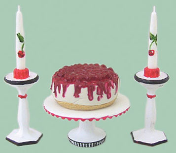 Dollhouse Miniature Cheesecake On Dish W/Candlesticks
